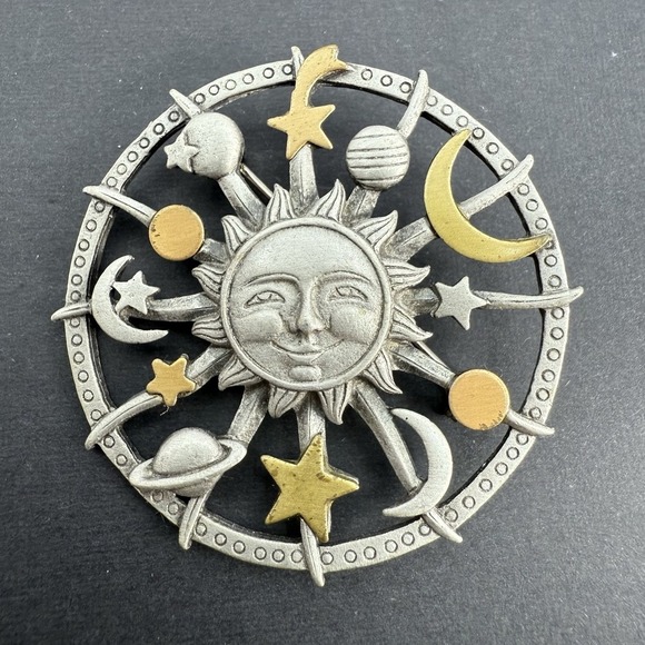 JJ Jonette Jewelry - Vintage JJ Jonette Signed Celestial Brooch Pin Pewter Gold Tone Sun Moon Stars